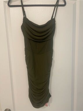 Olive Green Cowl Neck Ruched Slip Dress